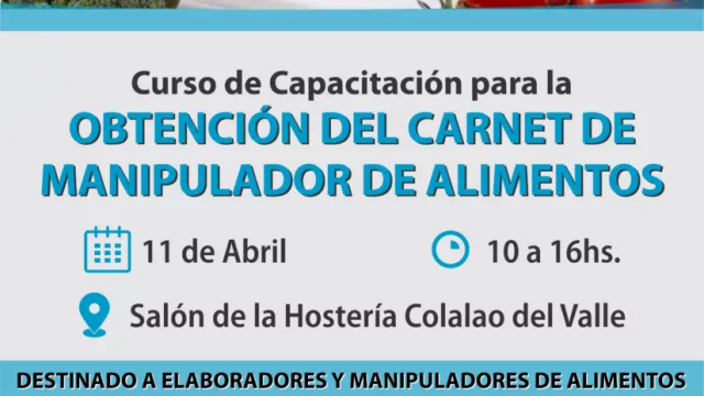 Se realizará un curso de capacitación para la obtención del carnet de Manipulador de Alimentos en Colalao del Valle 